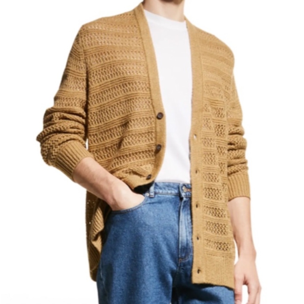 Paige Mens Hudson Button Down Cardigan Cameral Sunset‎ Knit Mohair Blend Size M